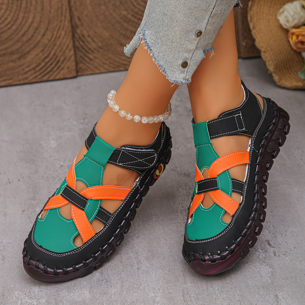 Women's Fashion Hollow Out Leather Sport Sandals Sneakers Slip-on Loafers