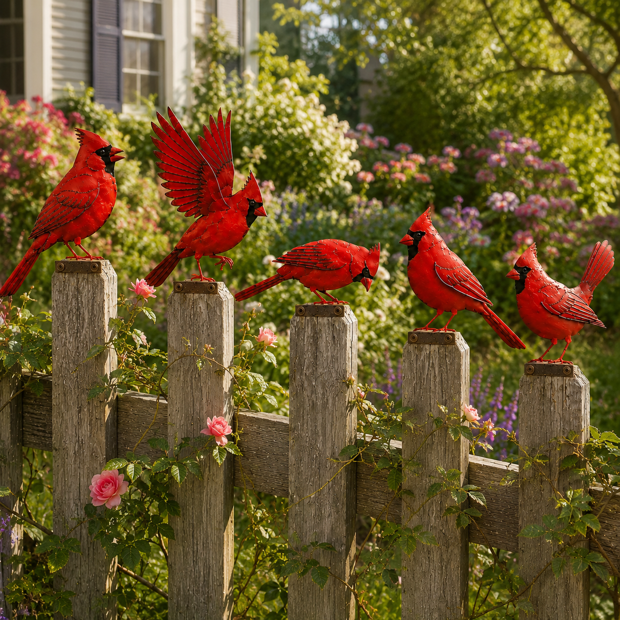 5-Piece Metal Cardinal Fence Post Decor Set