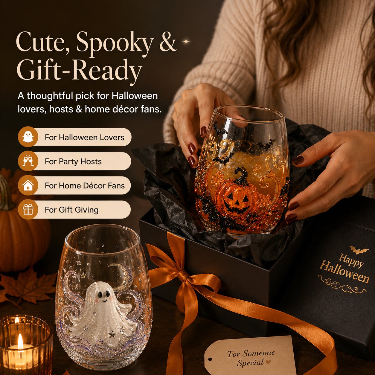 🎃Early Halloween Sale 48% OFF🎃 3D Halloween Artisan Glass Cups, Festive Parties & Cozy Fall Home Bar Vibes