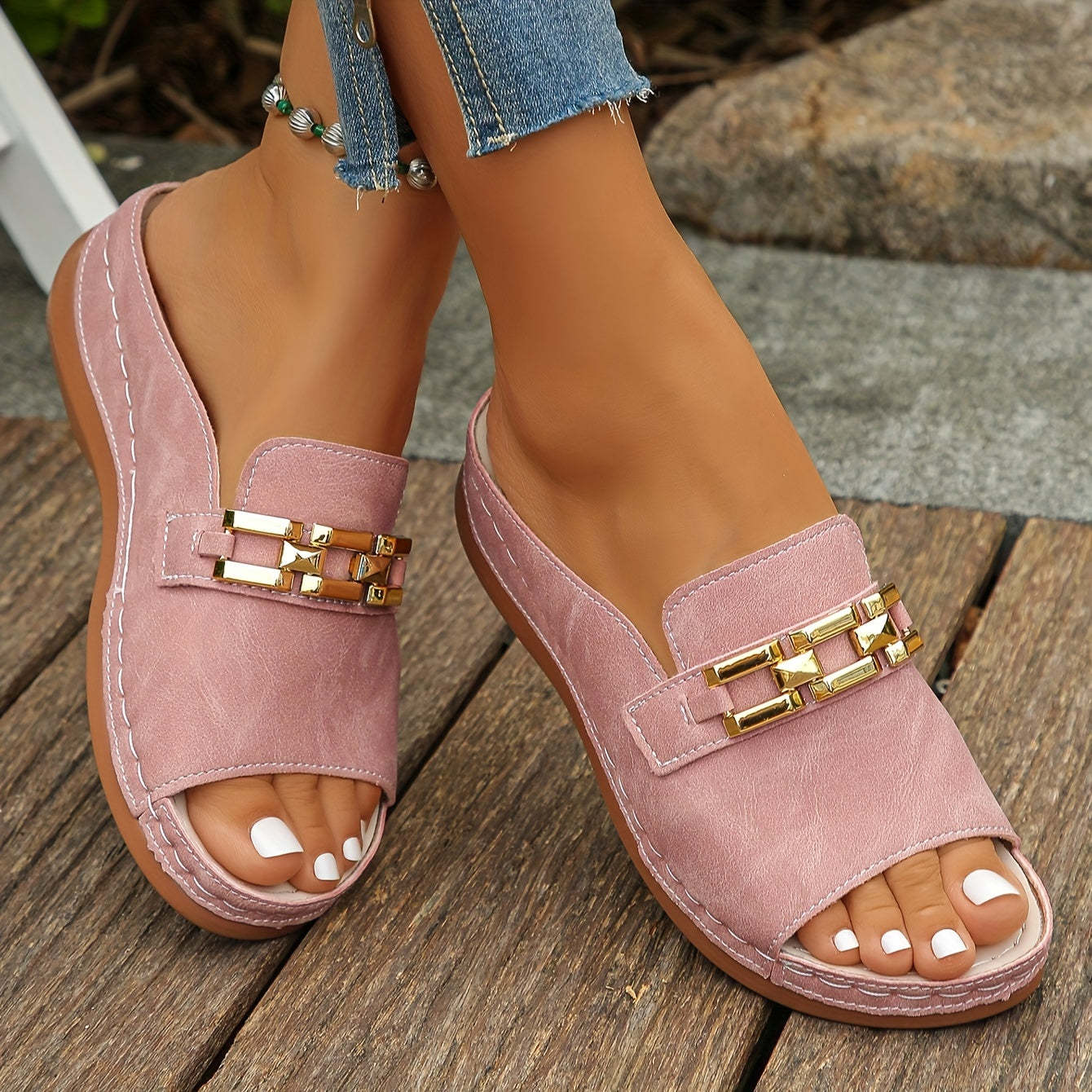 Gold-Link Arch Support Platform Slide Sandals | Soft Cushioning & Lightweight Lift