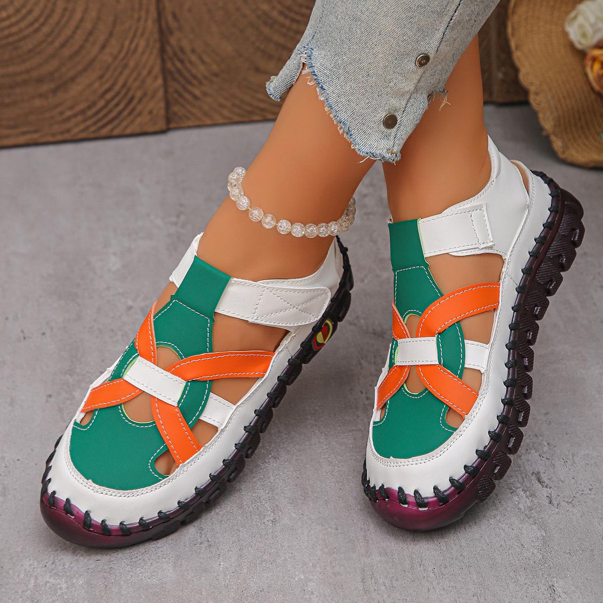 Women's Fashion Hollow Out Leather Sport Sandals Sneakers Slip-on Loafers