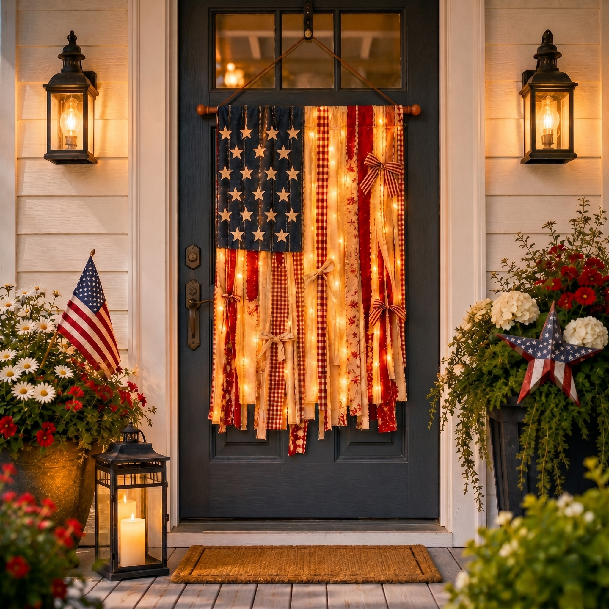 Lighted Rustic American Flag Hanging Banner