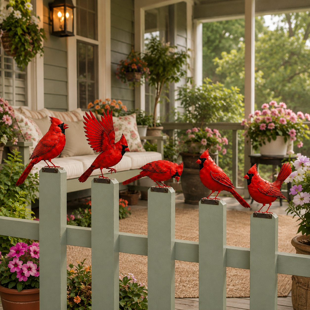 5-Piece Metal Cardinal Fence Post Decor Set