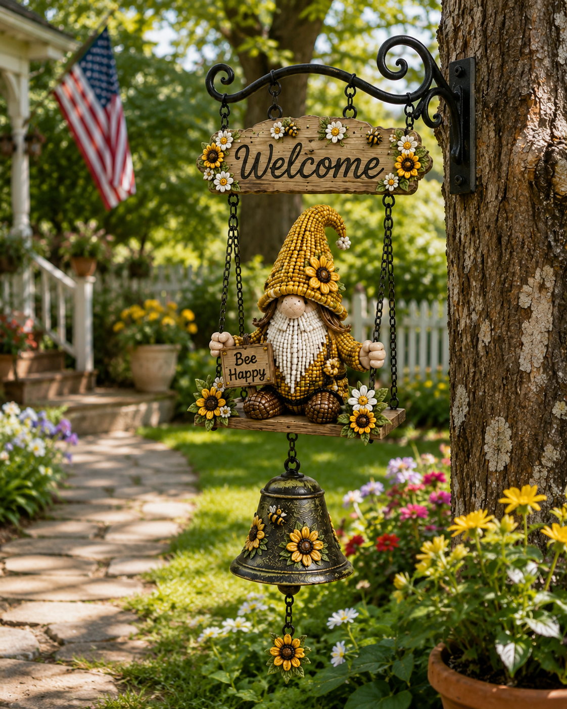 Patriotic Gnome Welcome Bell｜Americana Porch & Garden Hanging Decor