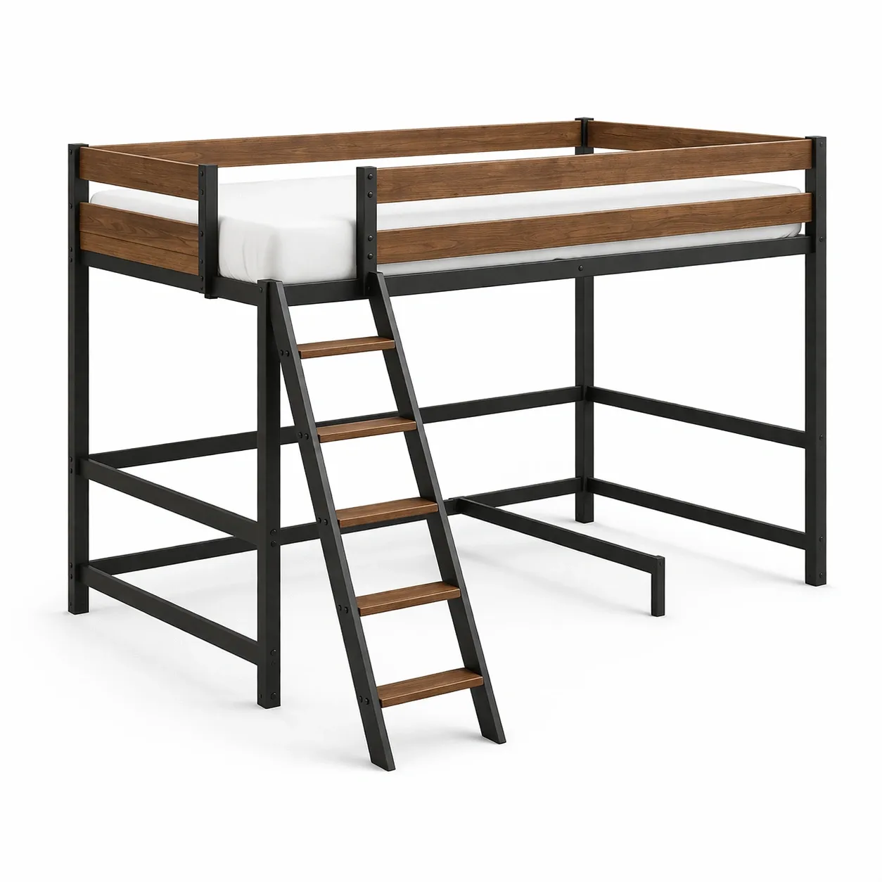 Cama loft de acero y madera con escalera-homkera