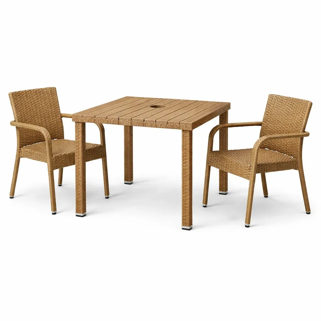 Juego de comedor exterior con mesa de madera y sillas de ratán sintético marrón-homkera
