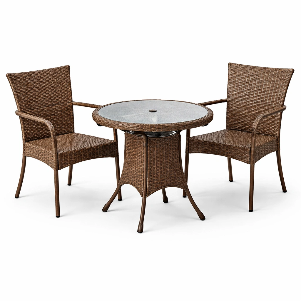 Juego de comedor exterior de vidrio templado y sillas de ratán sintético marrón-homkera