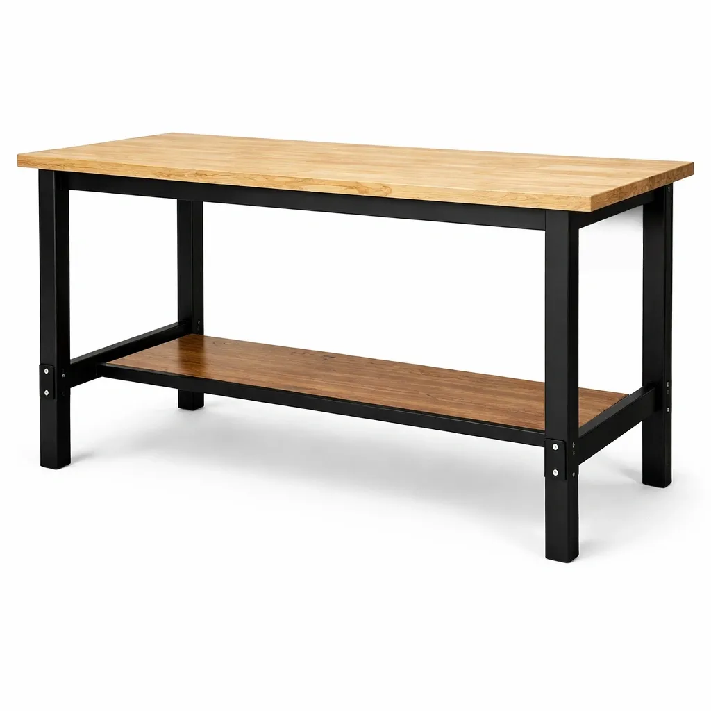 Banco de trabajo de madera y estructura de acero negro 150x60x90 cm-homkera