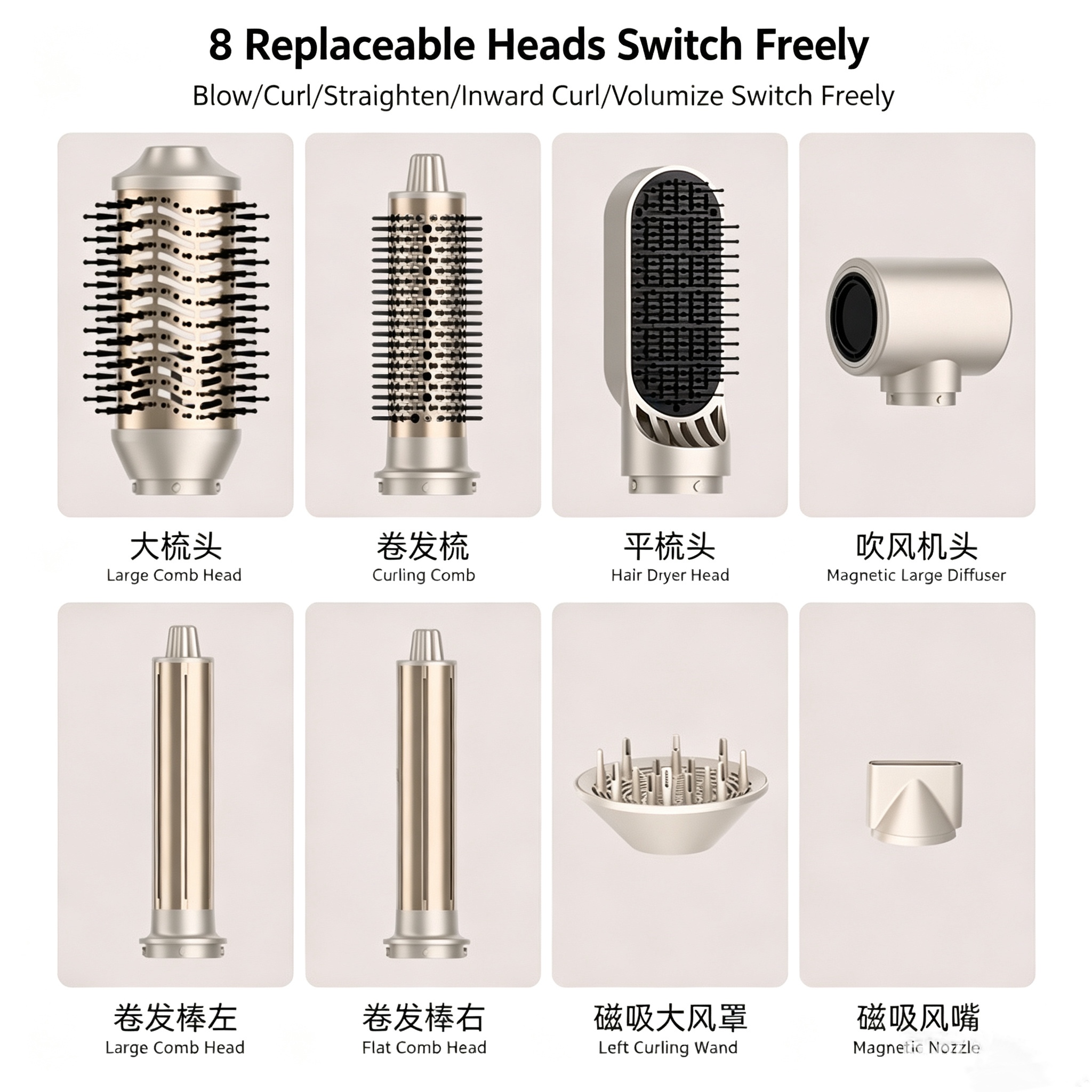 8 in 1 Hot Air Brush Set, Negative Ion Hair Dryer Brush, Professional Straightener Curler Comb, Fast Drying Volumizer Styling Tool for All Hair Types