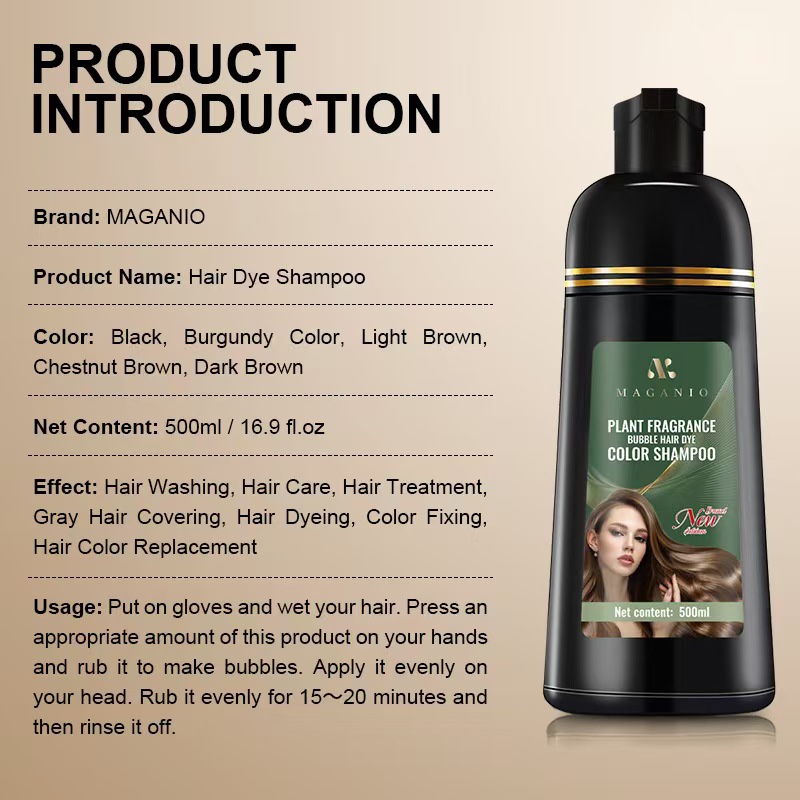 MAGANIO Plant Fragrance Bubble Hair Dye Shampoo 500ml, Easy Wash-In Hair Color Shampoo with Natural Herbal Formula, Long Lasting Hair Dye for Women Men, Cover