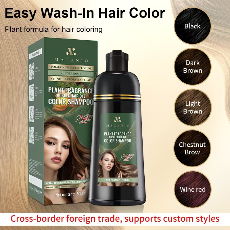 MAGANIO Plant Fragrance Bubble Hair Dye Shampoo 500ml, Easy Wash-In Hair Color Shampoo with Natural Herbal Formula, Long Lasting Hair Dye for Women Men, Cover