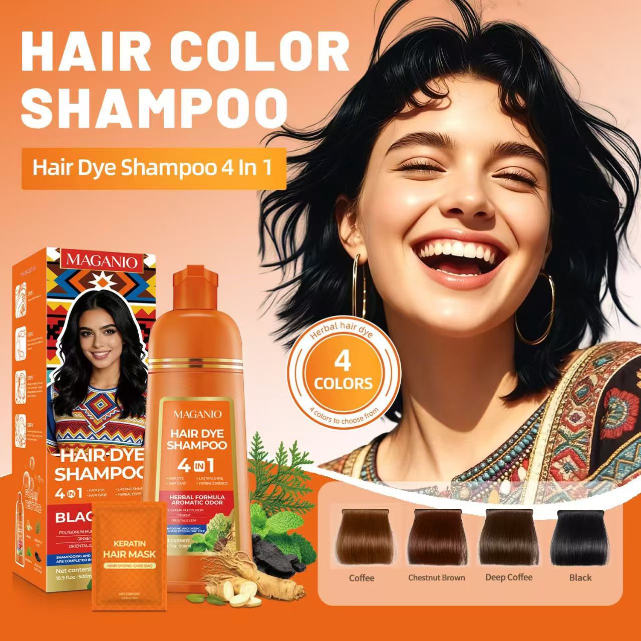 One-Step 4 in 1 Hair Dye Shampoo for Gray Hair – Herbal Instant Hair Color Shampoo with Keratin Hair Mask, Deep Coffee