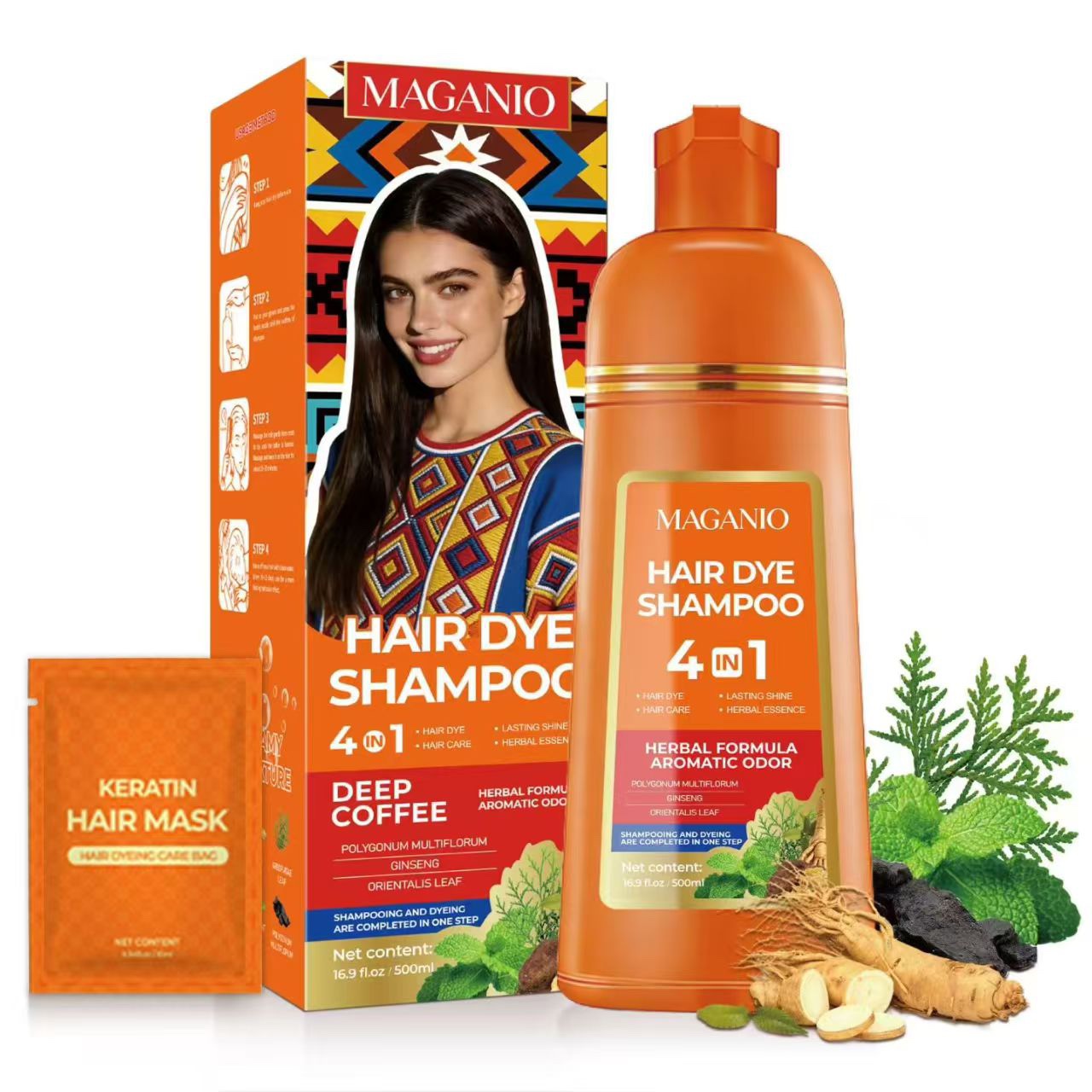 One-Step 4 in 1 Hair Dye Shampoo for Gray Hair – Herbal Instant Hair Color Shampoo with Keratin Hair Mask, Deep Coffee
