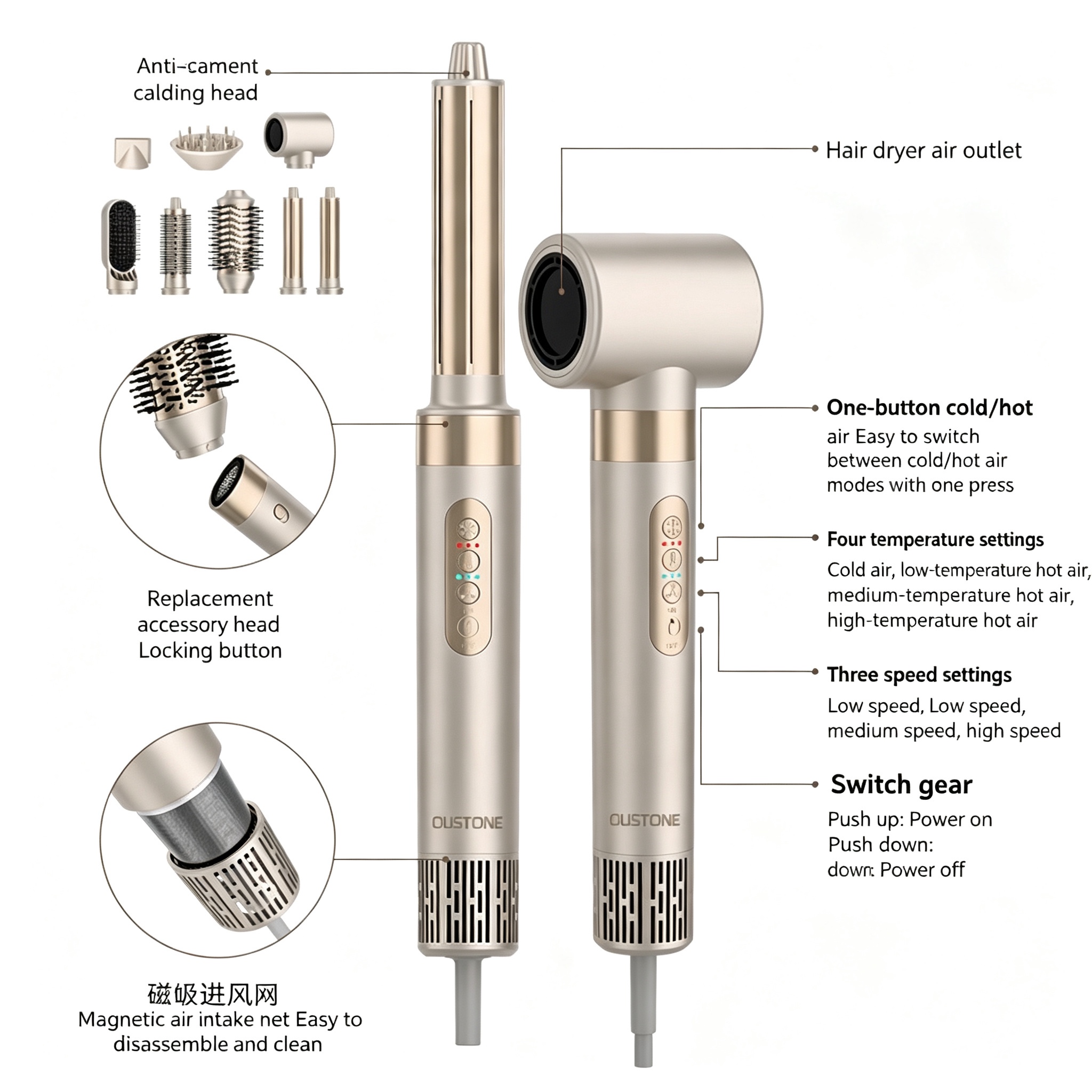 8 in 1 Hot Air Brush Set, Negative Ion Hair Dryer Brush, Professional Straightener Curler Comb, Fast Drying Volumizer Styling Tool for All Hair Types