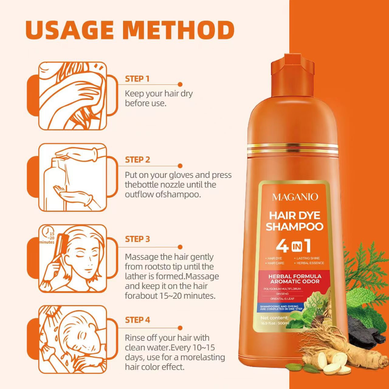 One-Step 4 in 1 Hair Dye Shampoo for Gray Hair – Herbal Instant Hair Color Shampoo with Keratin Hair Mask, Deep Coffee