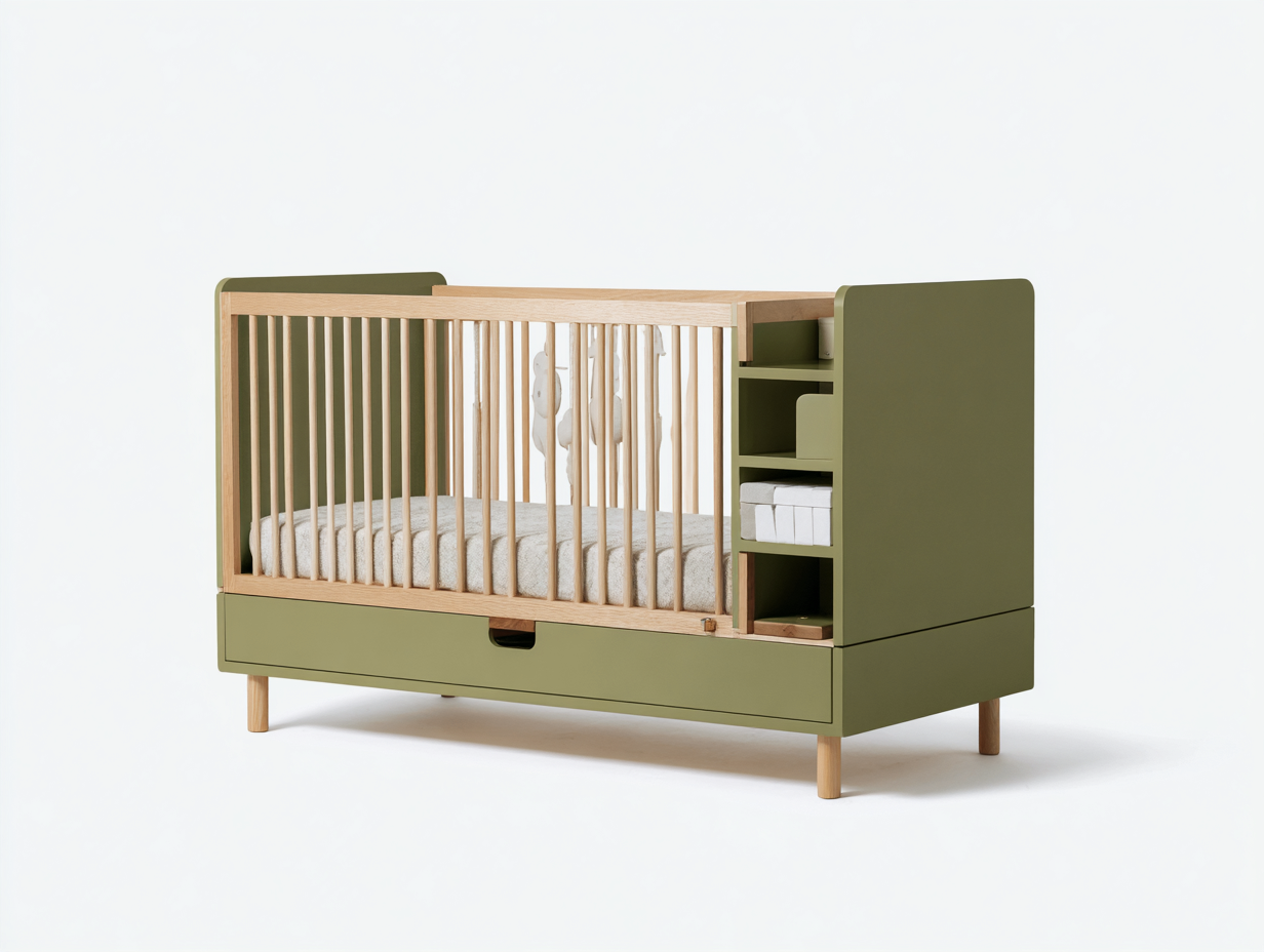Cunas para bebé - madera maciza con almacenamiento - 140x70x95 cm - verde oliva y roble claro - dormitorio infantil - diseño moderno funcional-Loroyhaus