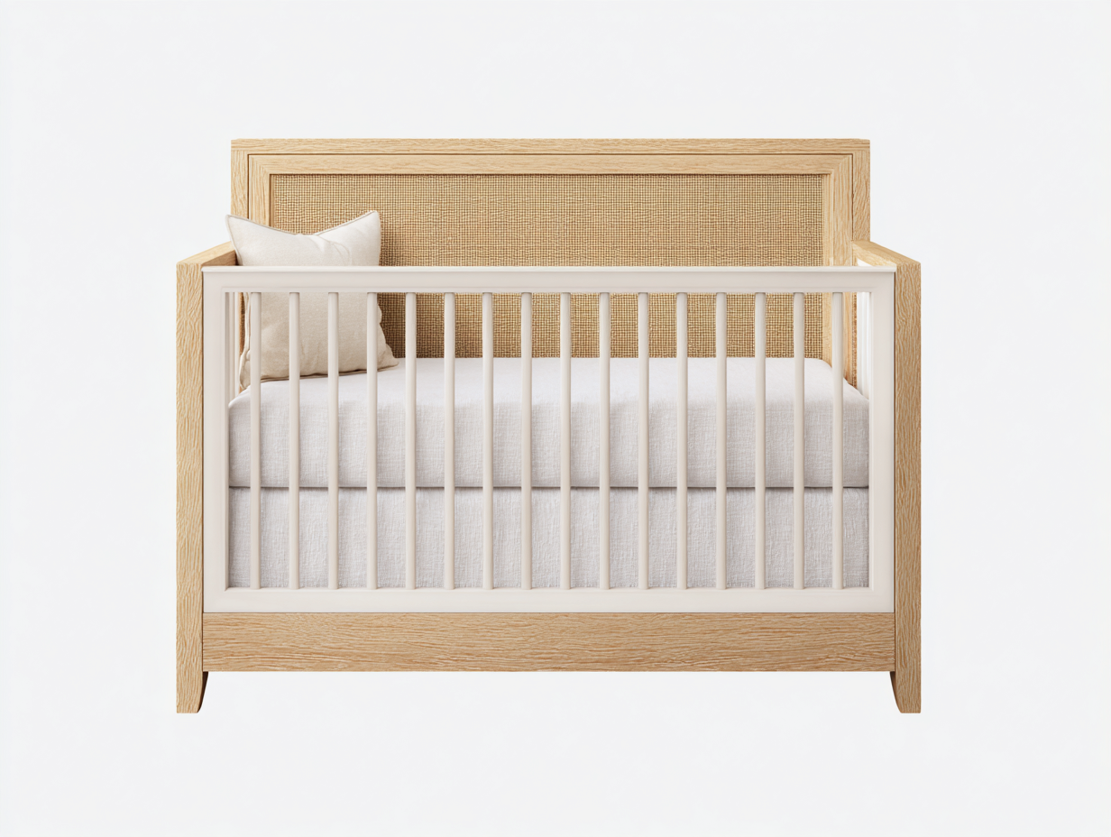 Cunas para bebé - madera maciza y panel de ratán - 120x60x95 cm - roble claro y blanco - dormitorio infantil - diseño natural moderno-Loroyhaus