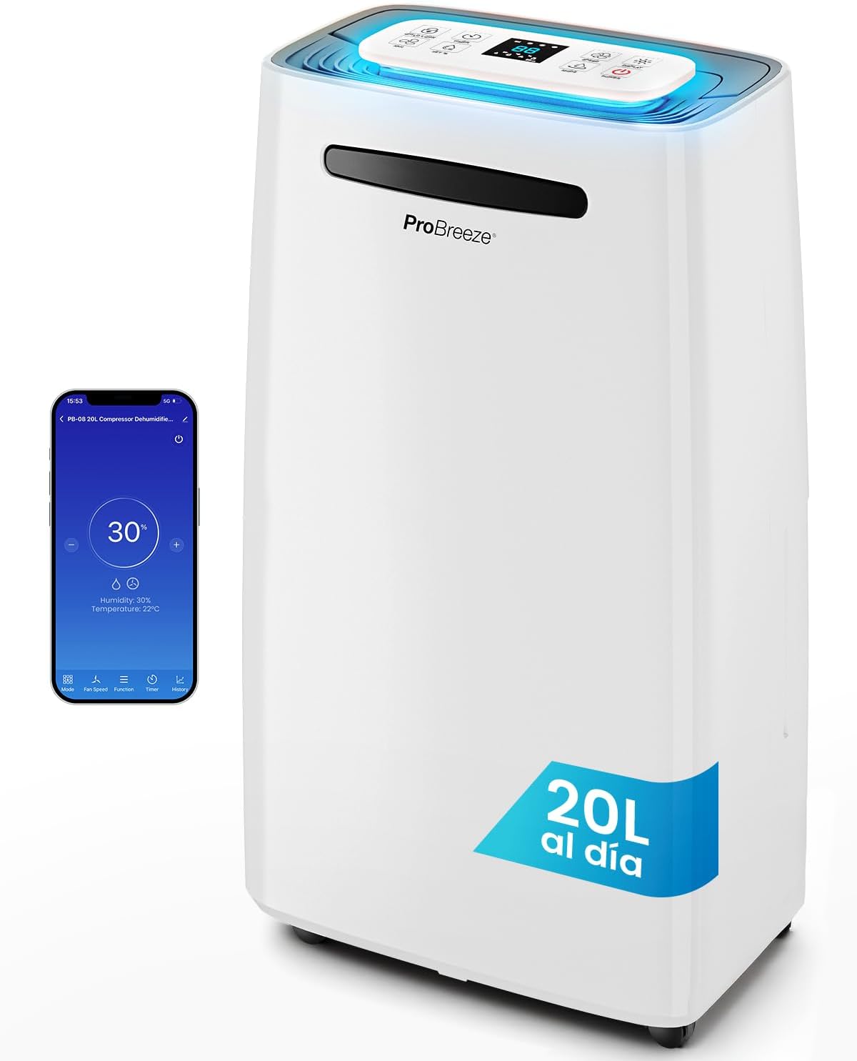 Deshumidificador Pro Breeze PB D 08W 20 L día - WiFi y sensor de humedad - depósito 5,5 L - drenaje continuo 30 m2-Simonninest
