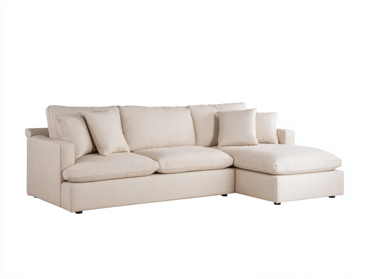 Sofá esquinero 262x165x86 cm - beige claro - tapizado de tela - para salón - líneas suaves y asiento profundo