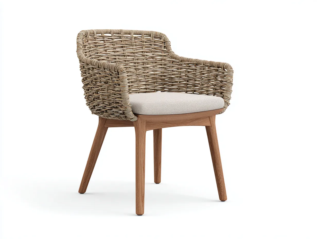 Silla de comedor 61x58x79 cm - natural y beige - ratán trenzado y madera - para exterior - con brazos envolventes
