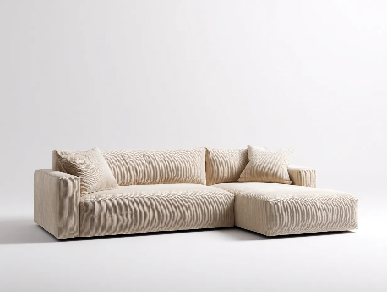 Sofá esquinero 278x176x79 cm - beige arena - pana acanalada - para salón - líneas redondeadas y asiento continuo