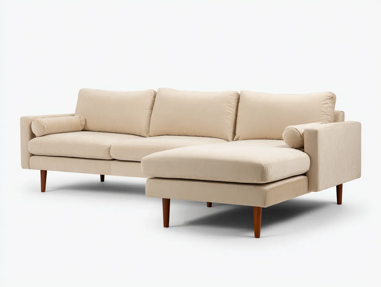 Sofá esquinero 264x158x84 cm - beige suave - tejido liso - para salón - base elevada de madera y estilo retro actual