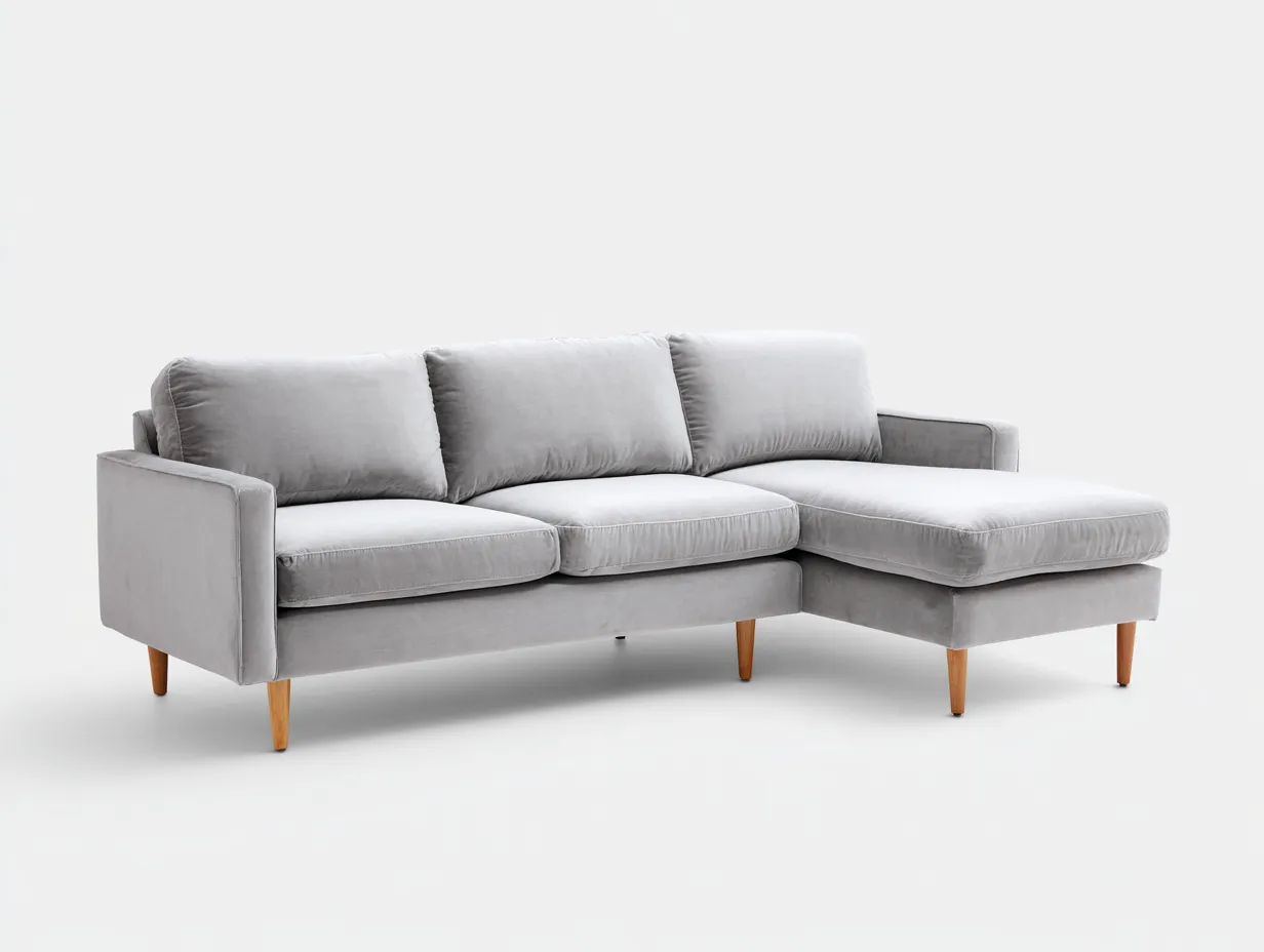 Sofá esquinero 250x160x84 cm - gris claro - terciopelo - para salón - diseño compacto con patas de madera