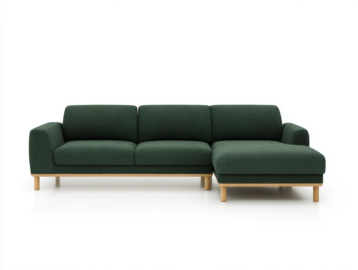 Sofá esquinero 271x167x80 cm - verde oscuro - tapizado textil - para salón - base de madera y líneas depuradas