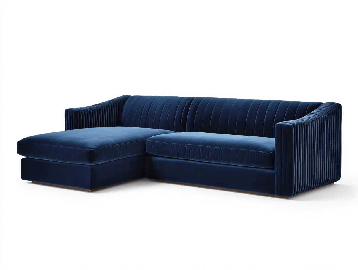 Sofá esquinero 248x168x78 cm - azul oscuro - terciopelo - para salón - diseño envolvente con textura acanalada