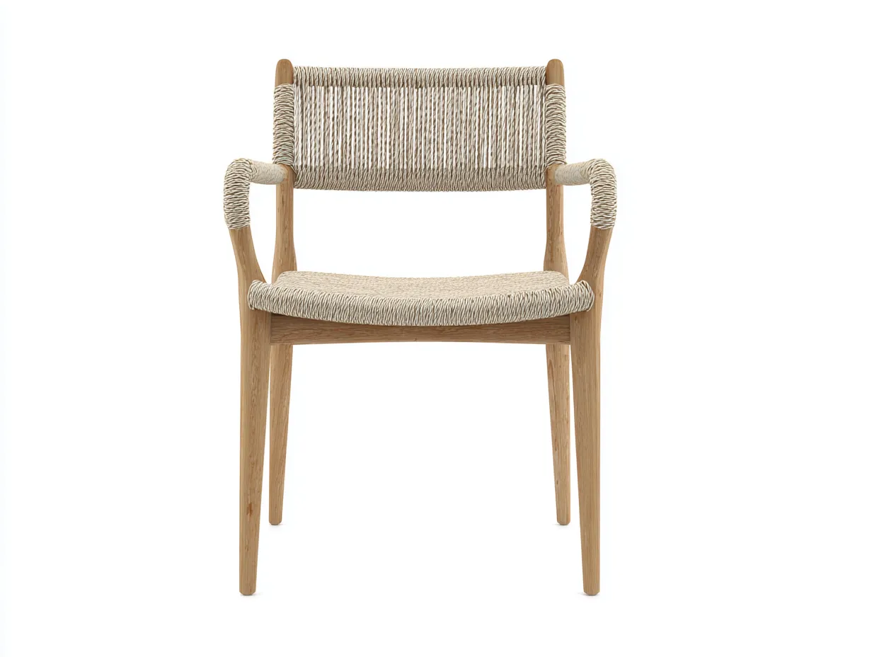 Silla de comedor 58x56x80 cm - natural y beige - cuerda trenzada y madera - para exterior - con brazos abiertos