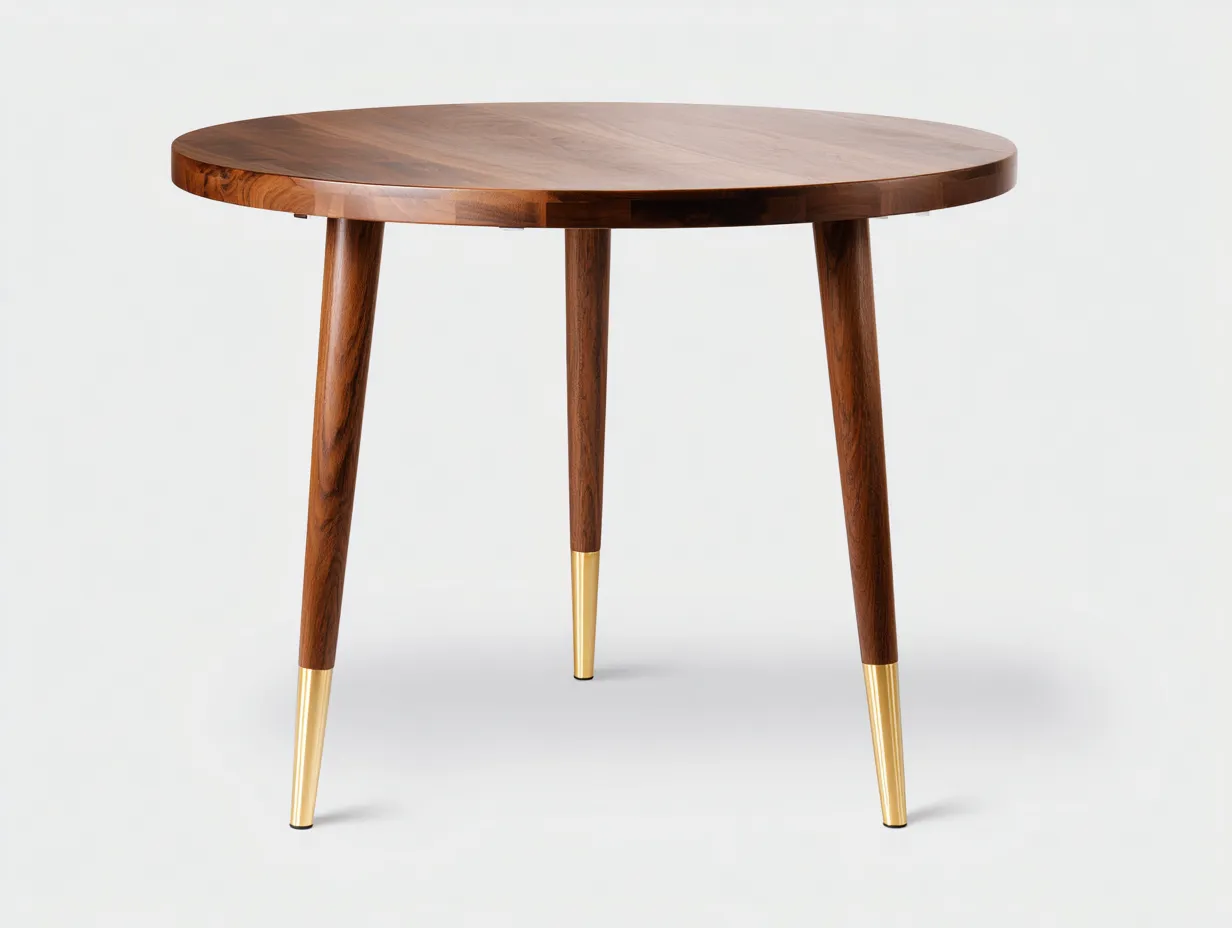 Mesa de comedor redonda de madera 118x118x76 cm - nogal y dorado - para comedor - patas cónicas con puntas metálicas