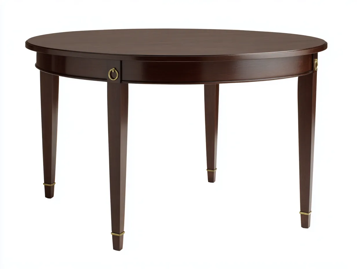 Mesa de comedor redonda de madera 130x130x76 cm - caoba oscura - para comedor - detalle clásico con aros dorados