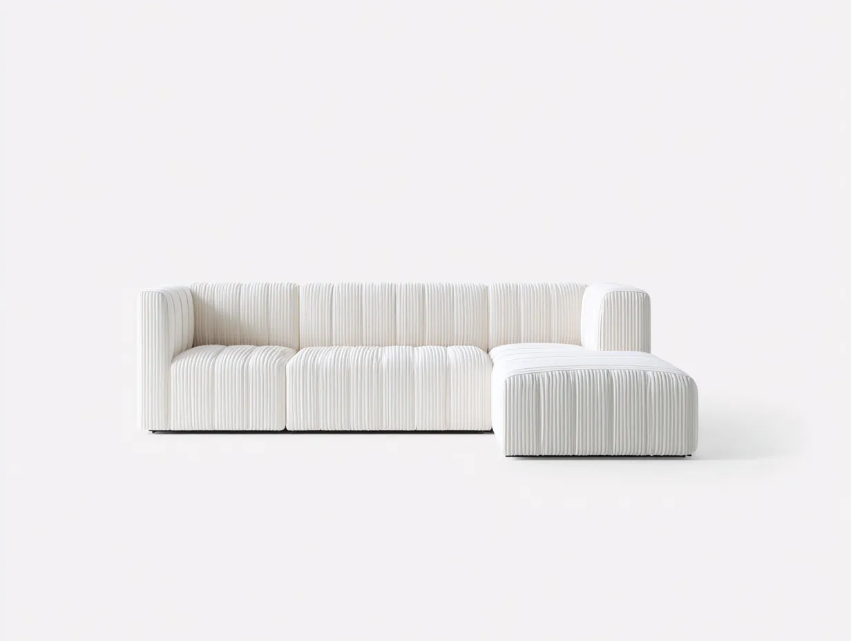 Sofá esquinero 255x166x74 cm - blanco roto - tapizado acanalado - para salón - diseño escultórico de inspiración moderna