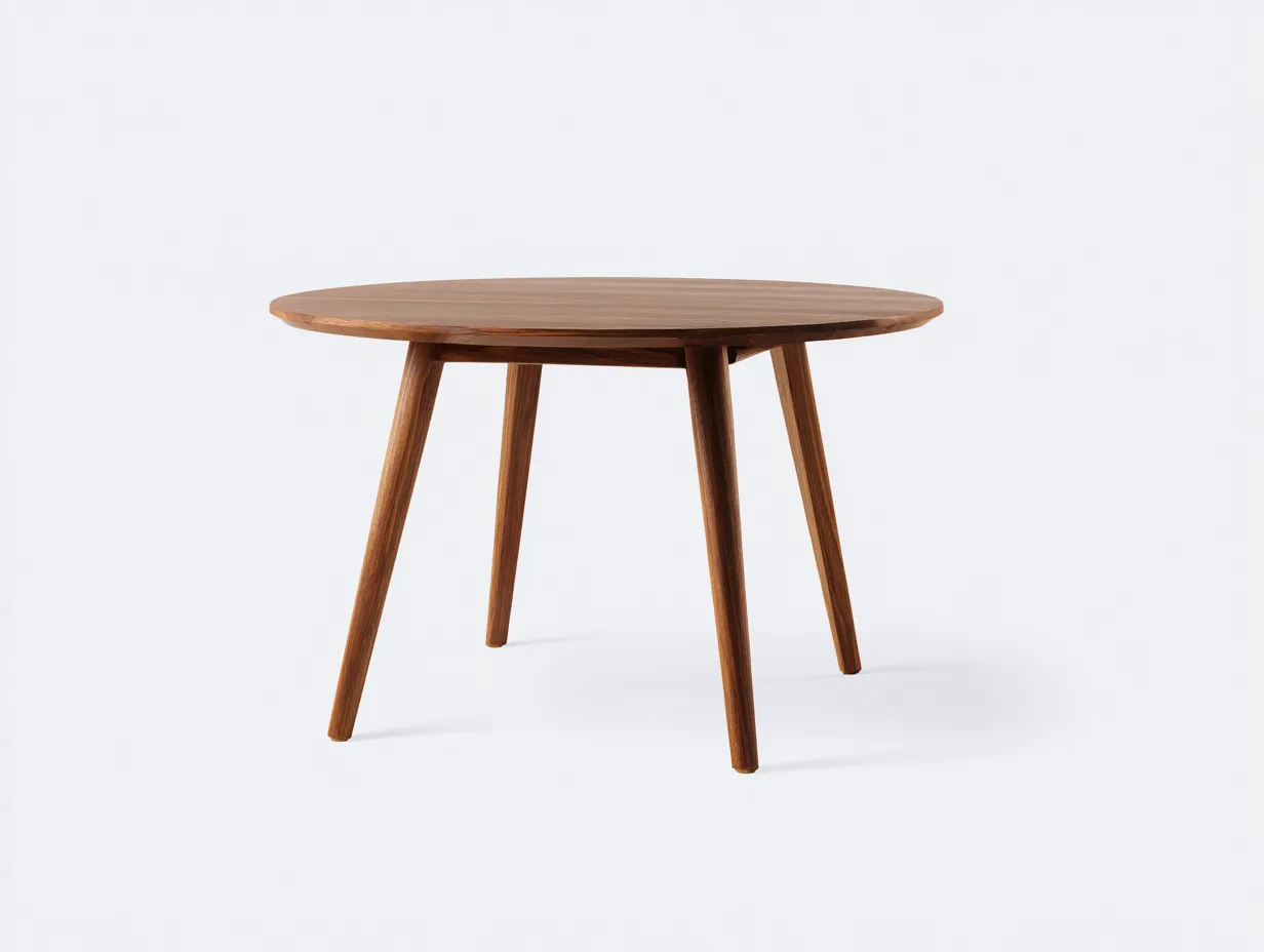 Mesa de comedor redonda de madera 120x120x76 cm - nogal cálido - para comedor - patas inclinadas estilo nórdico