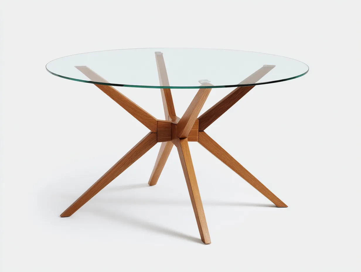 Mesa de comedor redonda de cristal 135x135x75 cm - transparente y madera miel - para comedor - base escultórica en estrella
