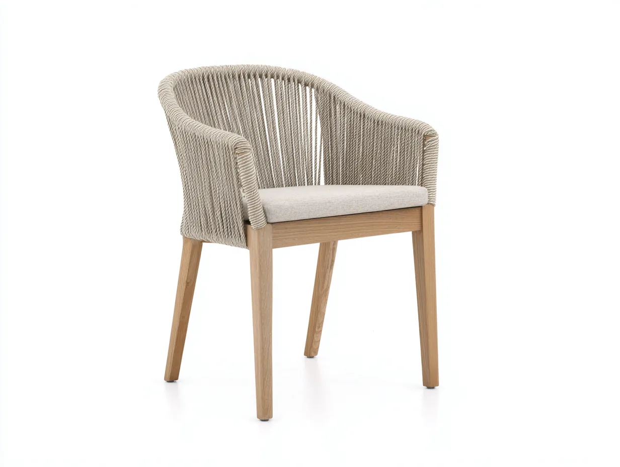 Silla de comedor 59x57x80 cm - natural y beige - cuerda tensada y madera - para exterior - con brazos curvos