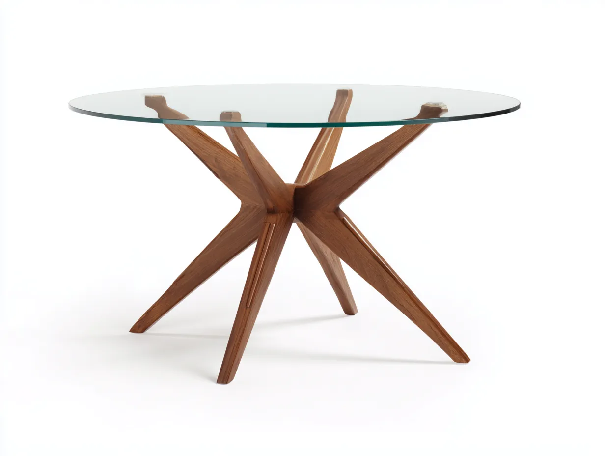 Mesa de comedor redonda de cristal 130x130x75 cm - transparente y roble - para comedor - base radial de madera