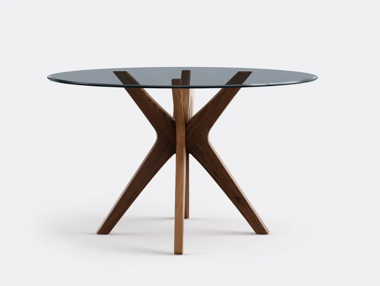 Mesa de comedor redonda de cristal 125x125x75 cm - transparente y nogal - para comedor - estructura cruzada central