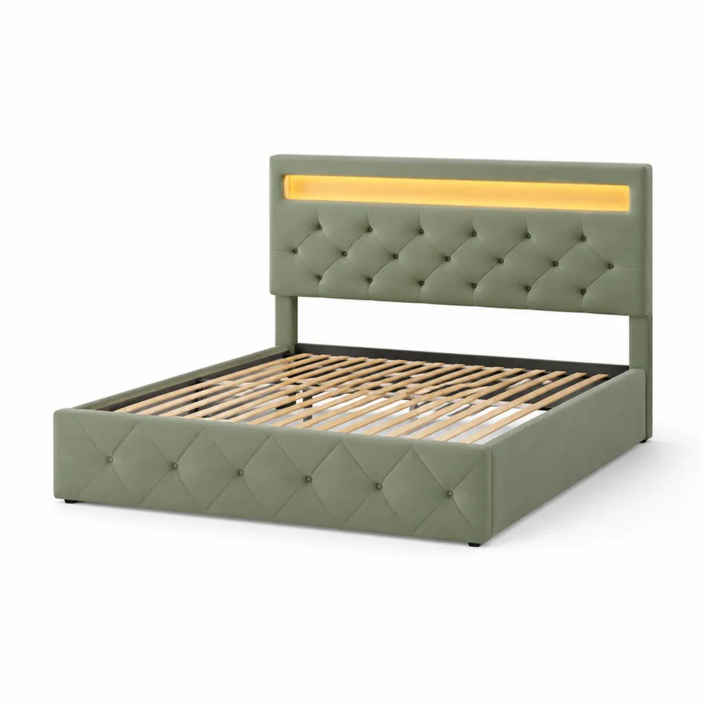Cama doble de PU con luz LED 160x200 cm Verde-Cosyloftea