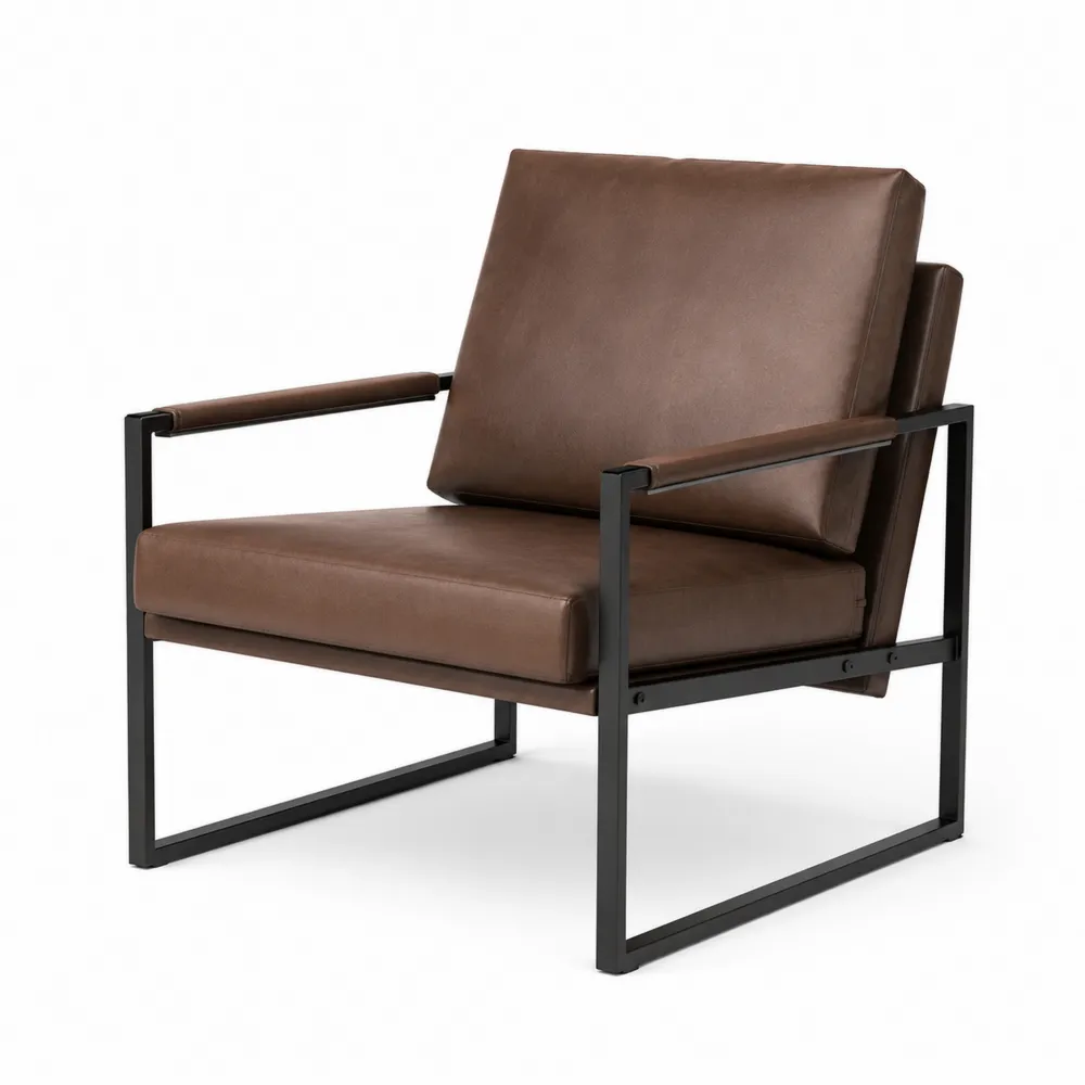 Sillón de cuero sintético marrón con estructura de acero negro-Cosyloftea