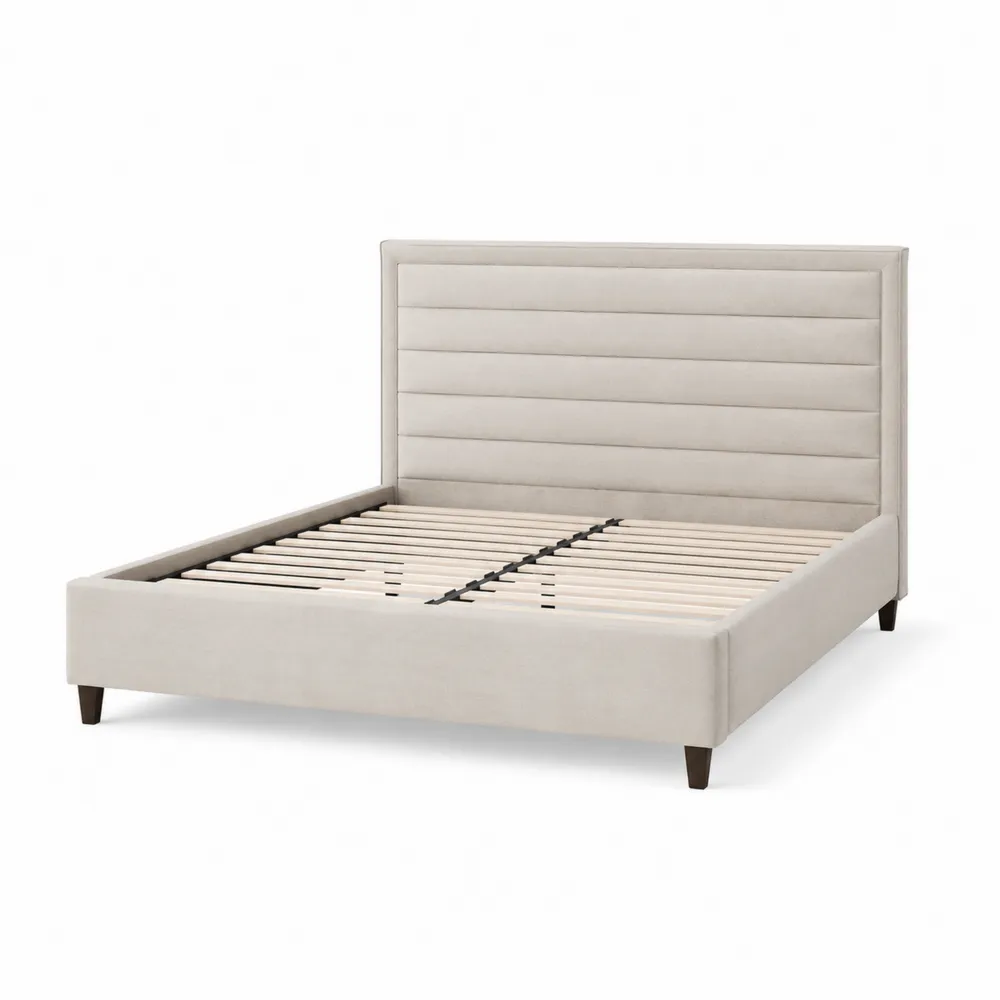 Cama tapizada en poliéster beige con cabecero acolchado-Cosyloftea