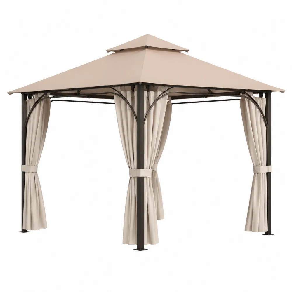 Pérgola de Acero con Cortinas de Poliéster Beige 3x3 m-Cosyloftea