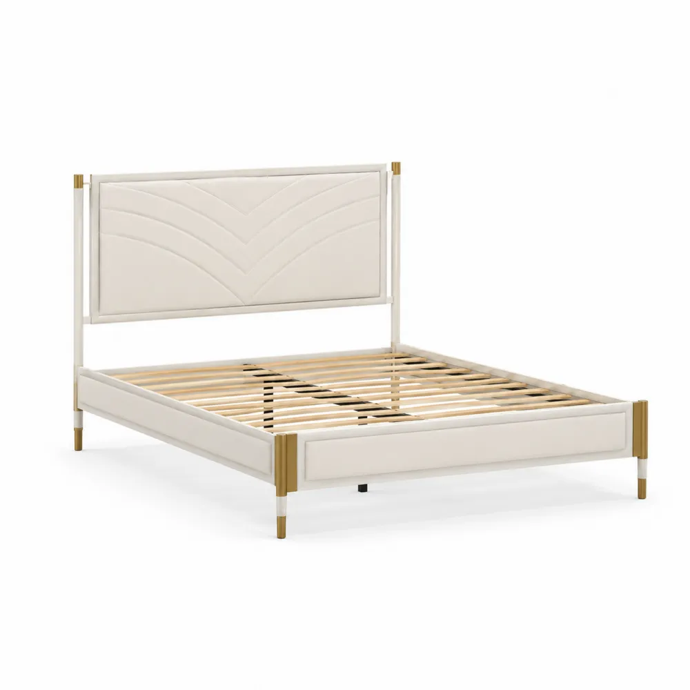 Cama de metal con cabecera tapizada de PU beige y detalles dorados-Cosyloftea