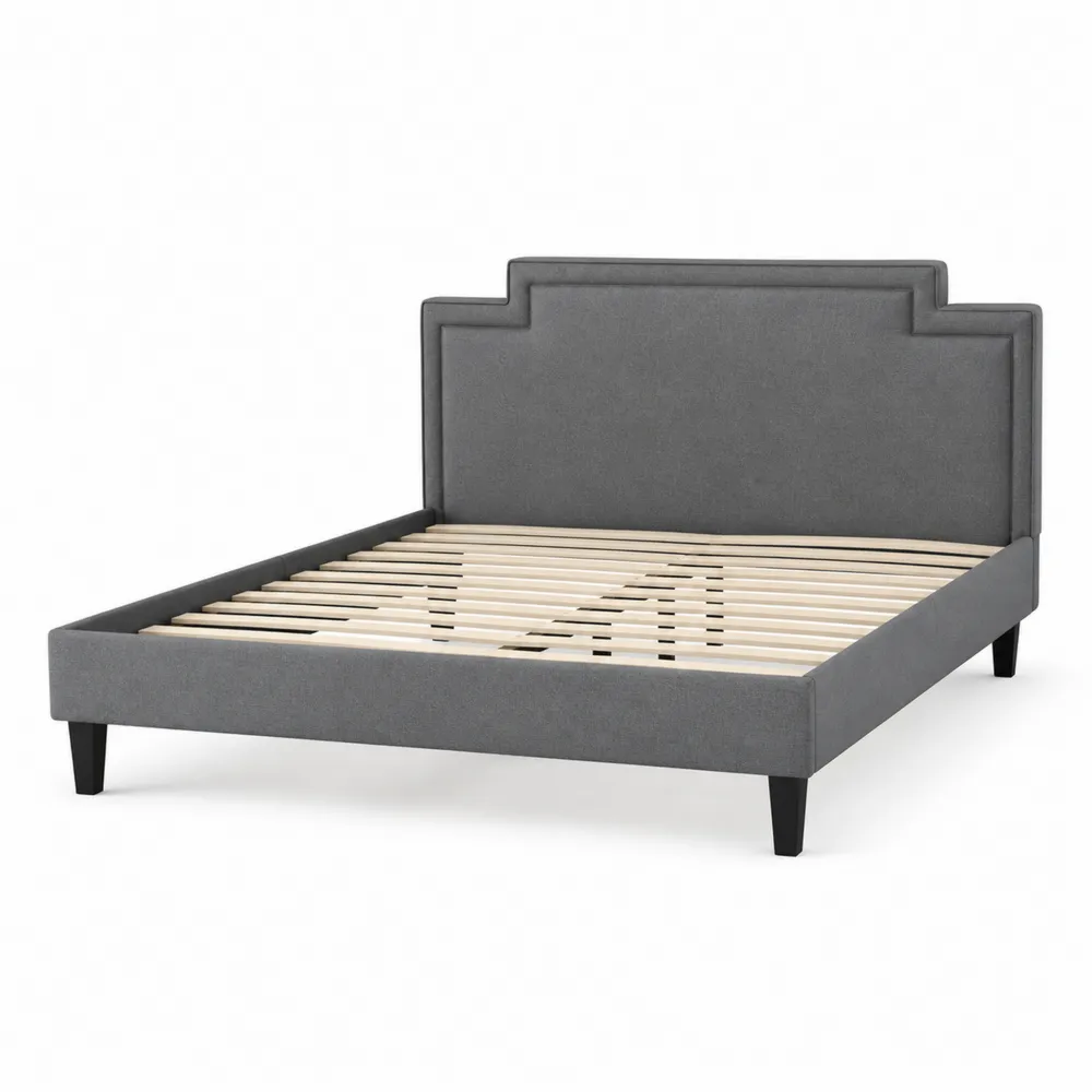 Cama de matrimonio tapizada en tela de poliéster gris con cabecero y somier de madera contrachapada 200x160 cm-Cosyloftea