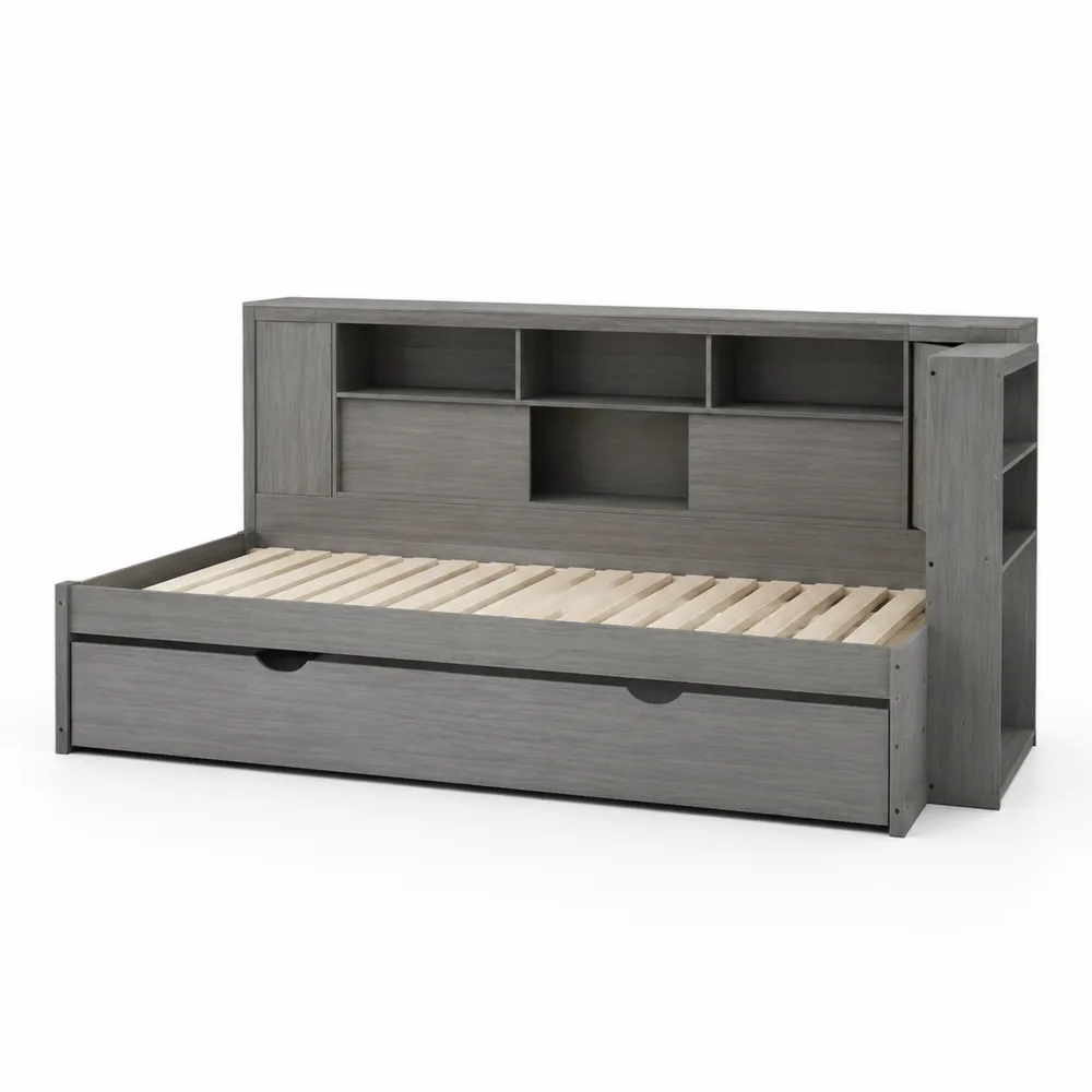 Cama de día con estantería integrada de madera gris 200x90 cm-Cosyloftea