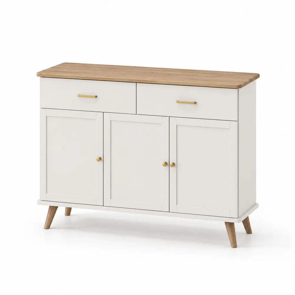 Cómoda de almacenamiento con 2 cajones y 3 puertas de MDF blanco y roble 80x120x40 cm-Cosyloftea