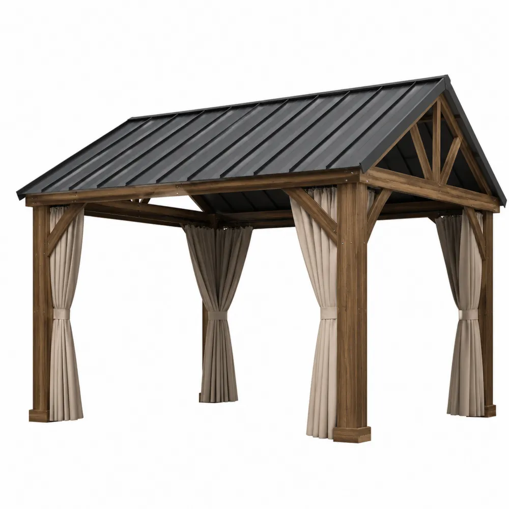 Pérgola de Madera con Techo de Acero Galvanizado y Cortinas de Poliéster Beige 300x400 cm-Cosyloftea