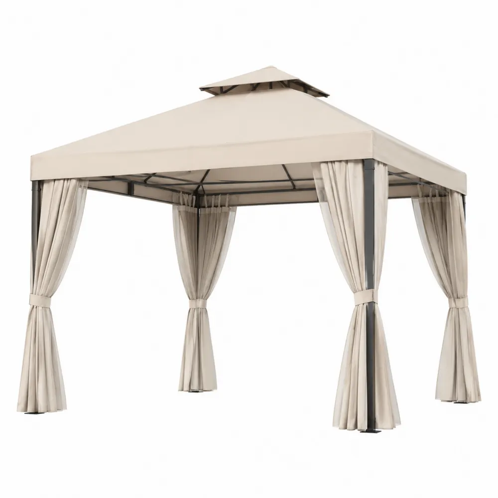 Pabellón de jardín de metal con techo y cortinas de poliéster Beige 3x3m-Cosyloftea