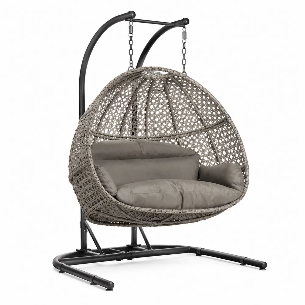 Silla colgante doble de ratán sintético con cojines y estructura de acero-Cosyloftea