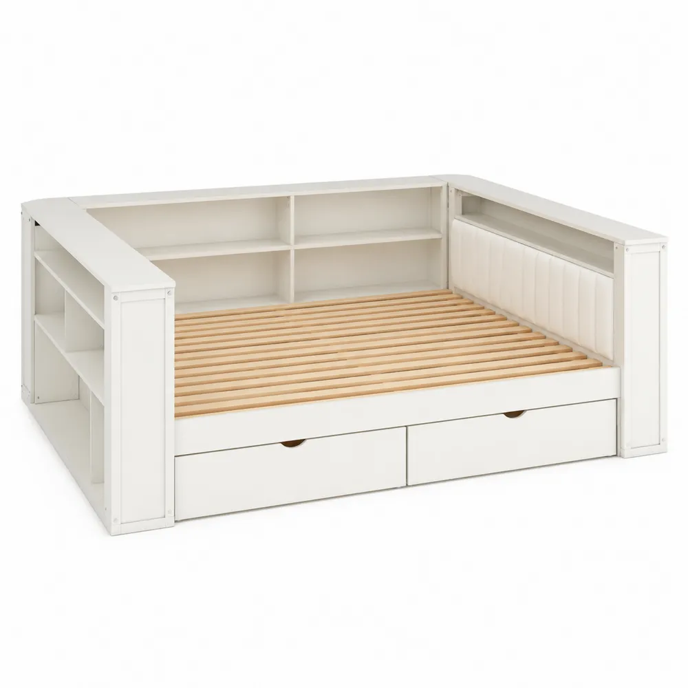 Cama de día multifuncional con estantes y cajones de madera blanca-Cosyloftea